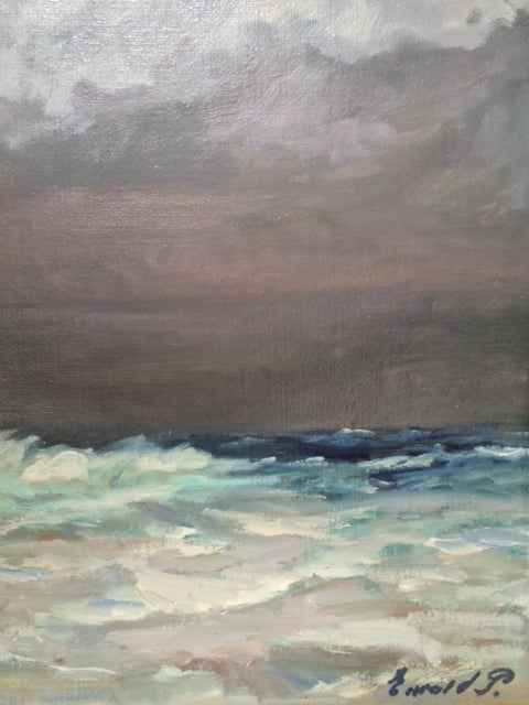 Maleri: Gråvejr over havet